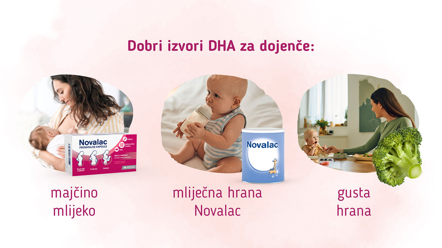 Dobri izvori DHA za dojenčad su majčino mlijeko, formule Novalac i gusta hrana.