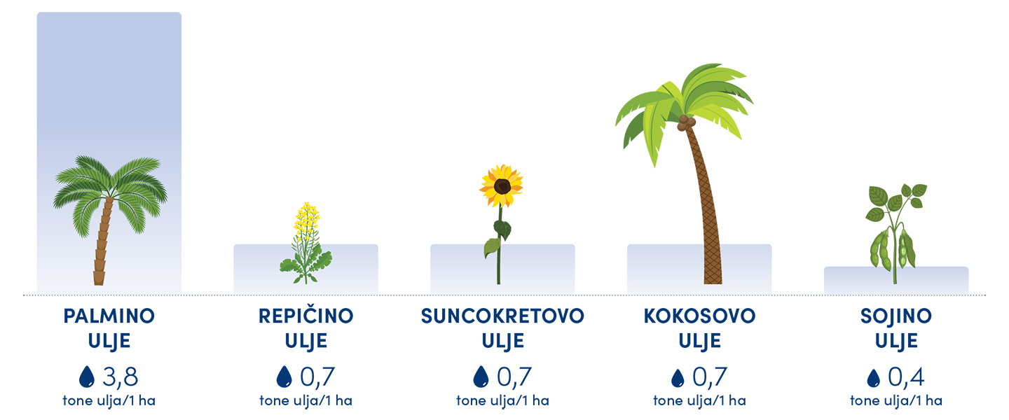 Usporedba prinosa različitih biljnih ulja po hektaru – palmino, suncokretovo, kokosovo.