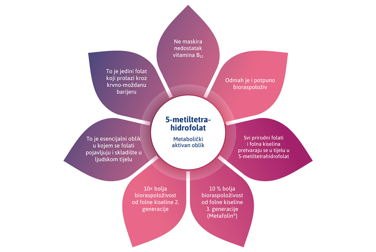 Prednosti aktivnog oblika folata 5-metiltetrahidrofolata u obliku cvijeta.