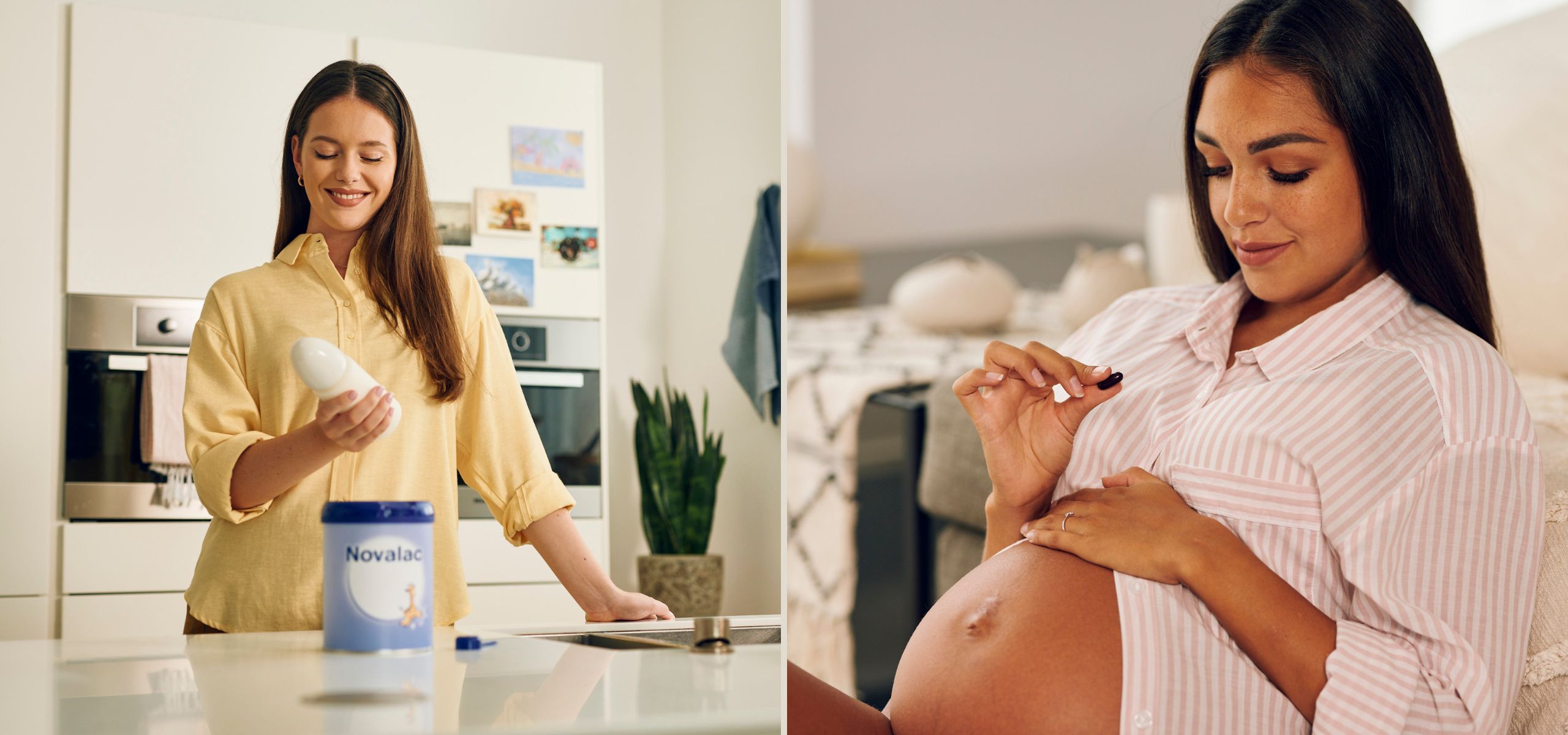 Novalac in novalac prenatalne kapsule spletna stran - na eni strani je mamica, ki pripravlja Novalac formulo, na drugi pa nosečnica, ki gleda v Novalac prenatalno kapsulo